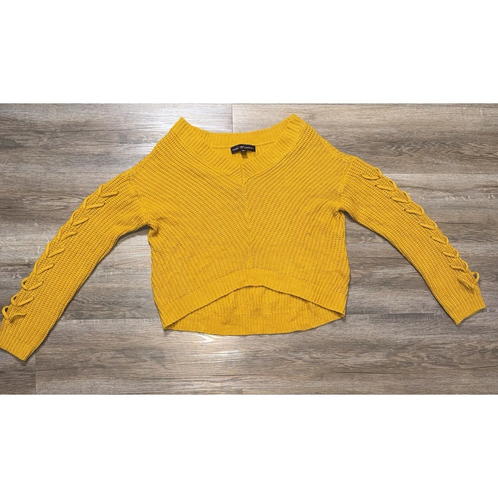Almost Famous Mustard Yellow V-Neck Sweater Womens Medium Unique Braided Sleeve
